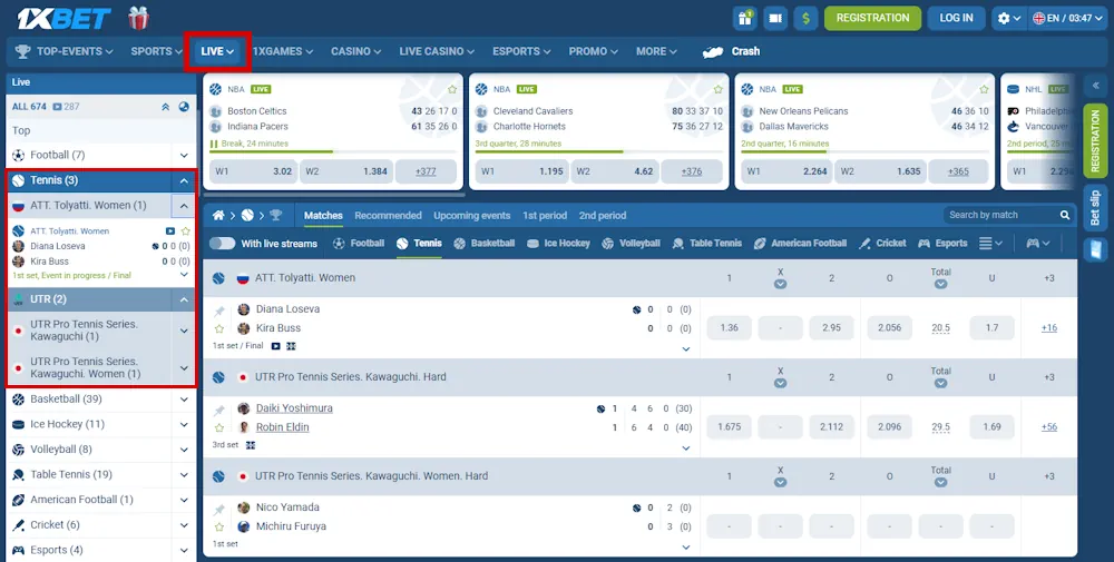 1xBet Live Tennis Betting Screenshot